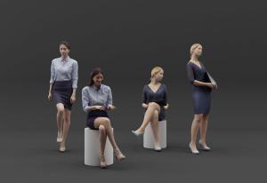 走路、站立聆听和坐着办公的女职员多人人物组合
