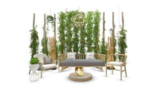 新中式沙发、枯木和吊篮植物庭院园艺小品