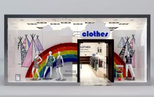 商场服装专卖店彩虹背景、模特橱窗