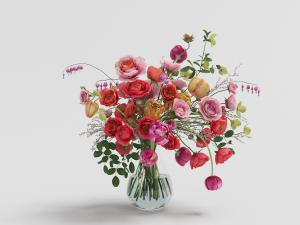插满红色、黄色玫瑰花玻璃花瓶花卉