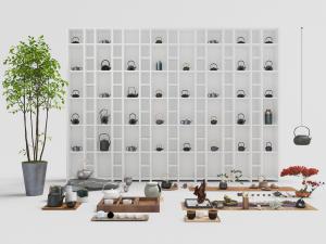 中式实木茶盘、茶壶展示柜和茶具