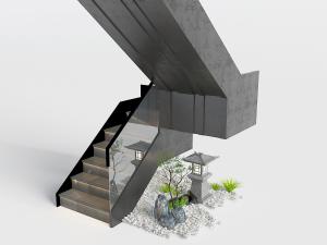 新中式茶色玻璃护栏黑色楼梯、园林小景