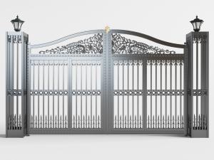 欧式社区、庭院黑色铁艺雕花带门灯的大门
