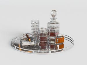 现代圆形托盘里的玻璃红酒瓶和玻璃杯