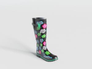 现代装饰彩色花朵的黑色雨鞋