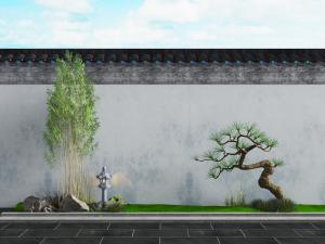 中式庭院竹子、松树和假山石头景观小品