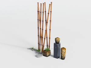 中式民宿竹竿、盆栽植物景观小品