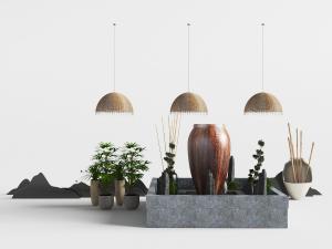 新中式假山、盆栽植物和花池景观小品