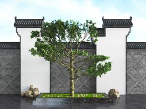 中式花坛树木马头墙景观园艺小品