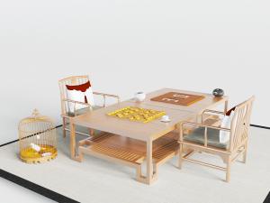 中式实木长方形象棋、围棋桌椅组合