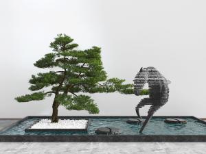 中式水池松树景观园艺小品