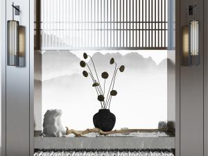 新中式干枝、石头景观小品