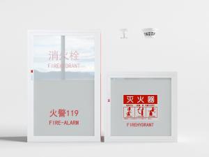 现代楼道消防栓、灭火器收纳箱、火警报警器