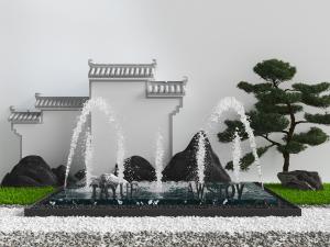 中式水池喷泉松树景观小品