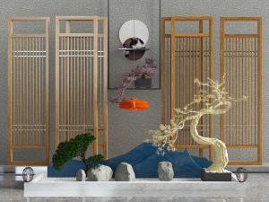 中式石头、松树、屏风景观小品