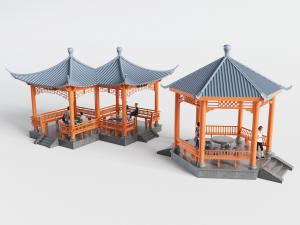 中式公园灰色顶部六边形亭子