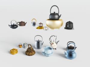 中式陶瓷、紫砂手提茶壶茶罐和香炉