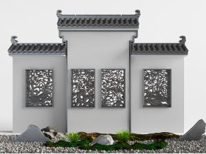 中式窗格马头墙石头景观小品