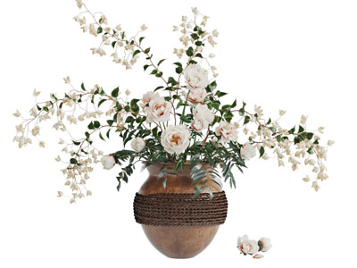 土陶绳编装饰的花瓶花卉