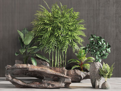 中式石头和柱子芭蕉植物景观小品