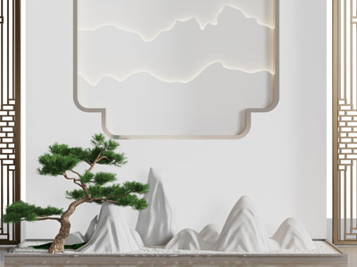中式玄关松树假山景观小品