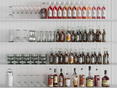 现代置物架上的酒瓶酒杯