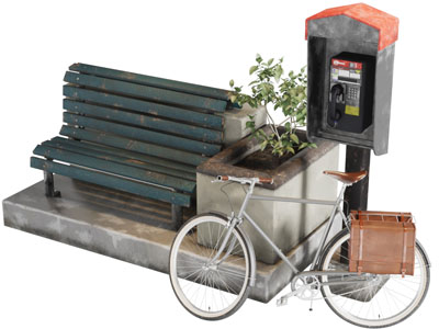 工业风电话亭公共椅子自行车