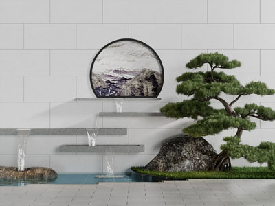 中式瀑布松树景观园艺小品