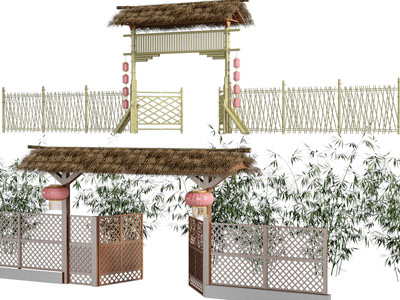 中式实木仿古大门、围栏