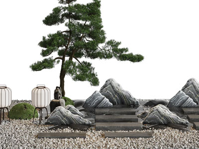 中式松树、石头景观园艺小品