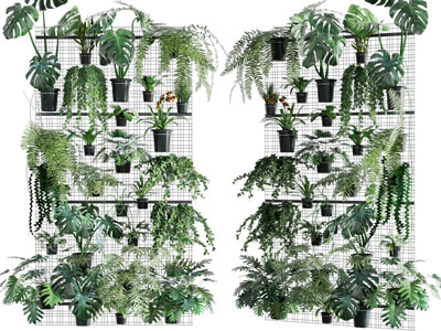 现代铁丝网墙面盆栽植物背景墙
