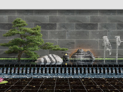 新中式水景、松树景观园艺小品
