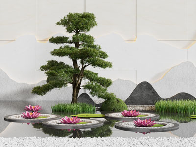 新中式松树、莲花水景园艺小品