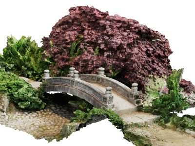 新中式小桥、石头、花草景观园艺小品