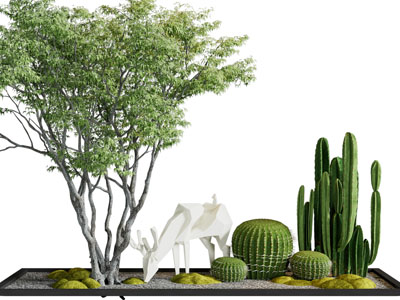 现代花坛树木、小鹿雕塑景观园艺小品