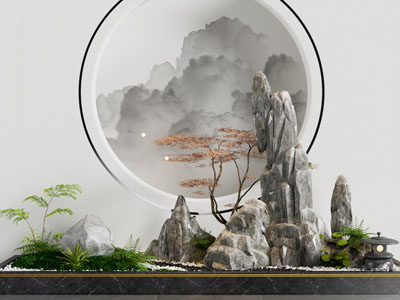 新中式假山 花草植物室内景观园艺小品