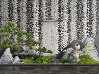 新中式水景 假山 松树室内景观园艺小品