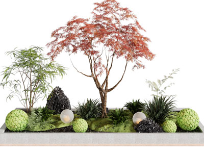 现代花坛、枫树花草景观园艺小品