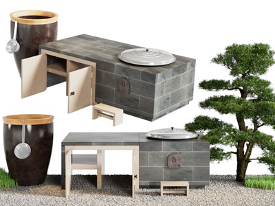 新中式庭院灶台 松树 水缸景观园艺小品