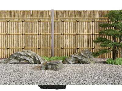 新中式篱笆背景墙 石头 松树庭院景观园艺小品