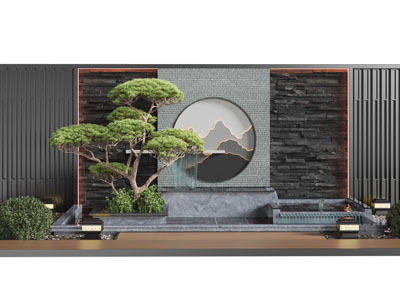 新中式庭院背景墙 松树 瀑布景观园艺小品