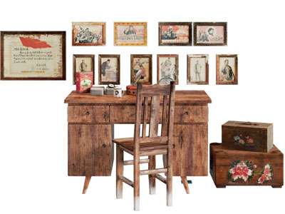 现代中古风老式家具 书桌椅组合 挂画