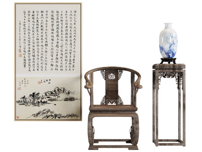 新中式实木圈椅 扶手椅子 花架 装饰挂画