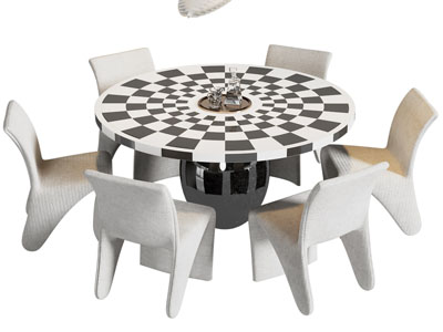 现代圆形棋格图案餐桌椅组合