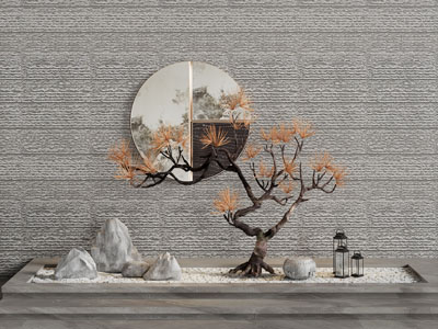 新中式景墙 假山 松树景观园艺小品