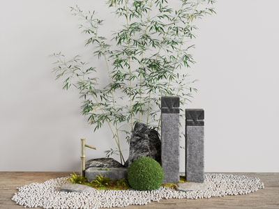 新中式竹子 水井 石子景观园艺小品