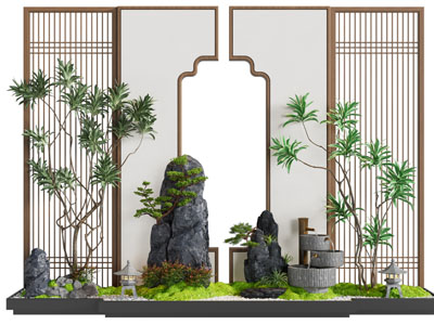 新中式室内景观墙 假山 花草 水景景观园艺小品
