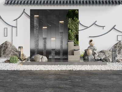 新中式装饰建筑的景墙 石头 水池景观园艺小品