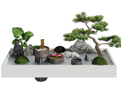 新中式水池 松树 石头景观园艺小品