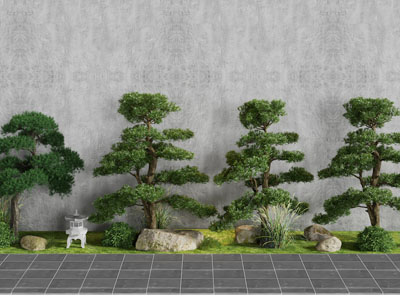 新中式松树 花草 石头景观园艺小品